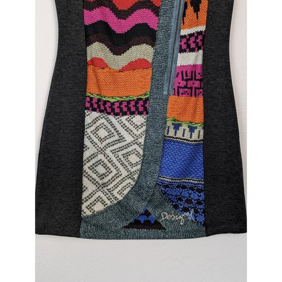 Desigual Dress Printed Knit Sweater Zipper Boho Quirky Colorful Gray Size M - Picture 7 of 15
